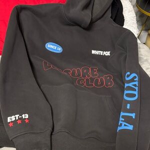 White Fox Boutique Black Hoodie with Red and Blue Details